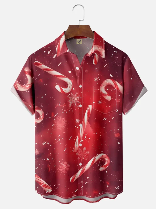 Moisture-wicking Christmas Candy Cane Art Chest Pocket Casual Shirt