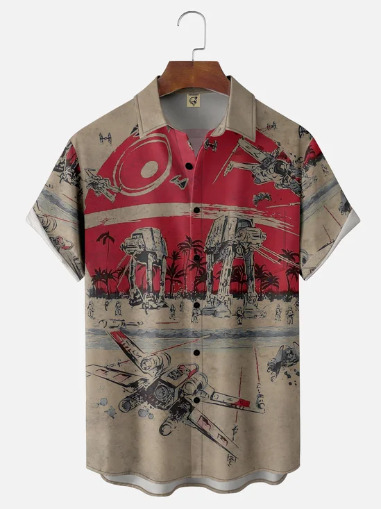 Moisture-Wicking Star Battle Broid Coconut Tree Pocket Hawaiian Shirt