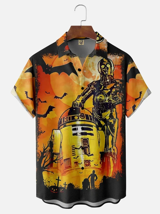 Moisture-Wicking Halloween Star Robot Bat Chest Pocket Hawaiian Shirt