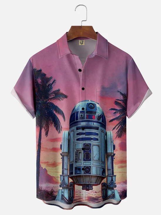 Moisture-Wicking Star Robot Coconut Tree Pocket Hawaiian Shirt