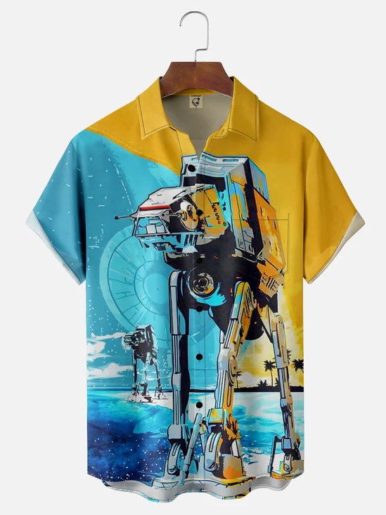 Moisture-Wicking Star Robot Pocket Hawaiian Shirt