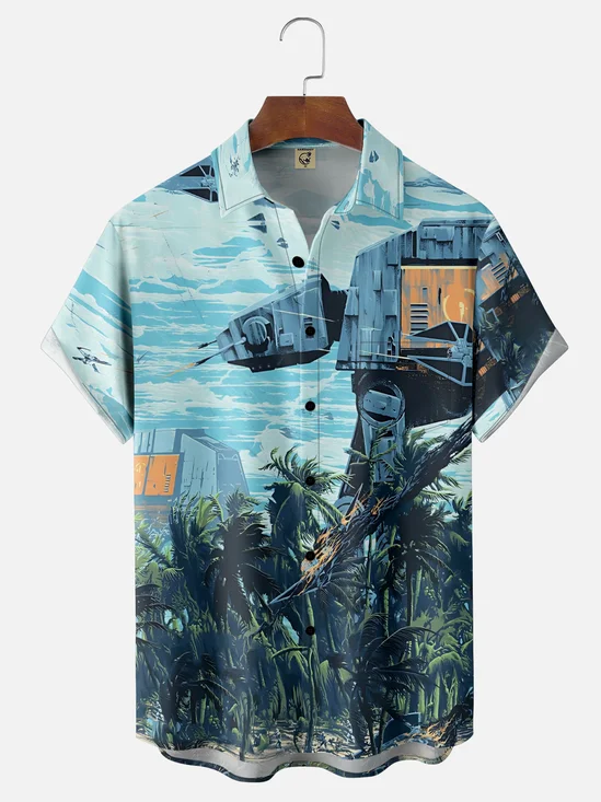 Moisture-Wicking Star Tropical Plant Chest Pocket Hawaiian Shirt