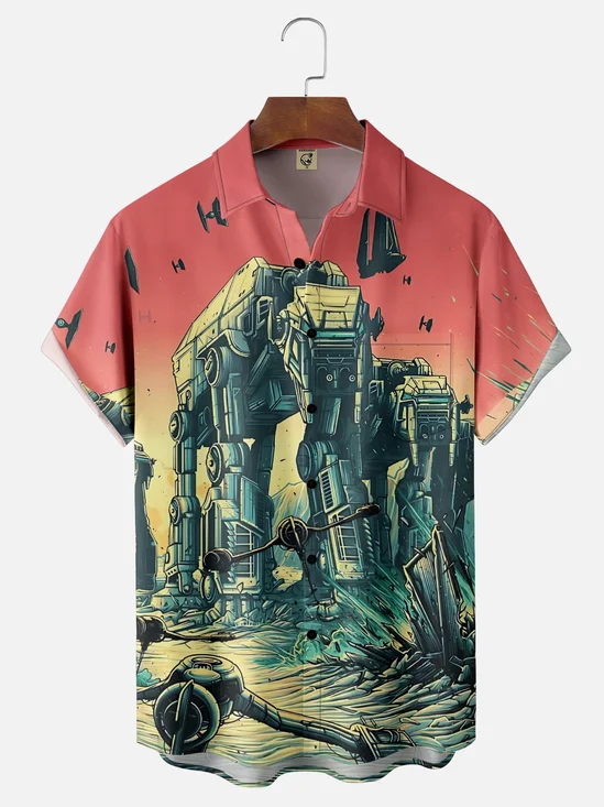 Moisture-Wicking Star Robot Pocket Hawaiian Shirt