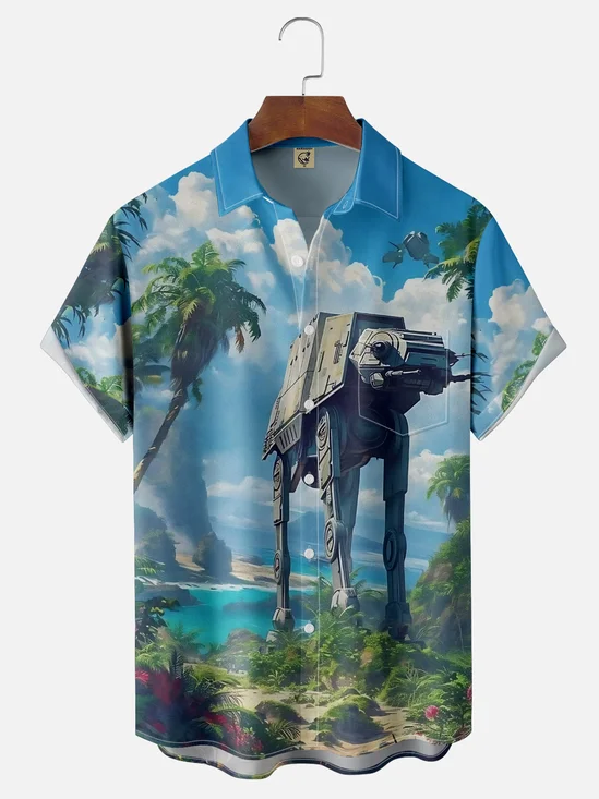 Moisture-Wicking Star Robot Coconut Tree Pocket Hawaiian Shirt
