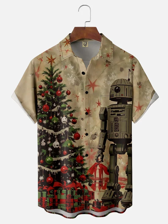 Moisture-Wicking Christmas Star Robot Christmas Tree Chest Pocket Hawaiian Shirt