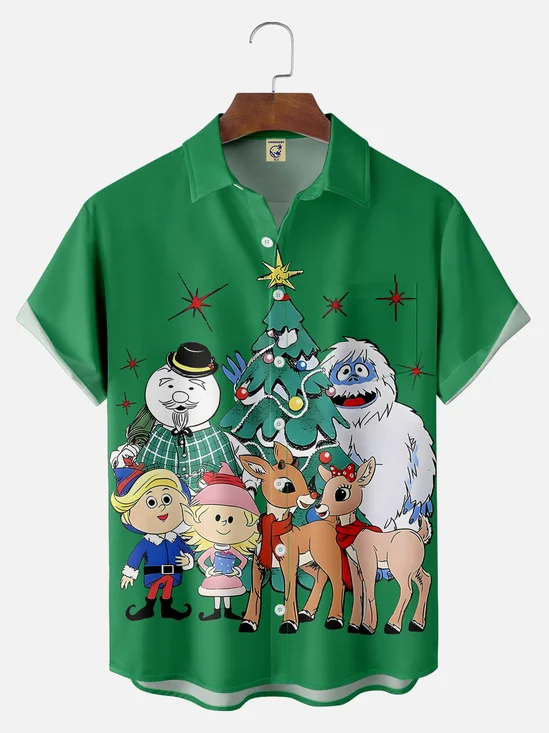 Big Size Moisture-wicking Christmas Elk Cartoon Chest Pocket Casual Shirt