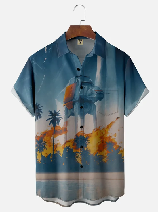 Moisture-Wicking Star Robot Coconut Tree Pocket Hawaiian Shirt