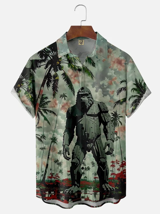 Moisture-Wicking Gradient Bigfoot Coconut Tree Pocket Hawaiian Shirt