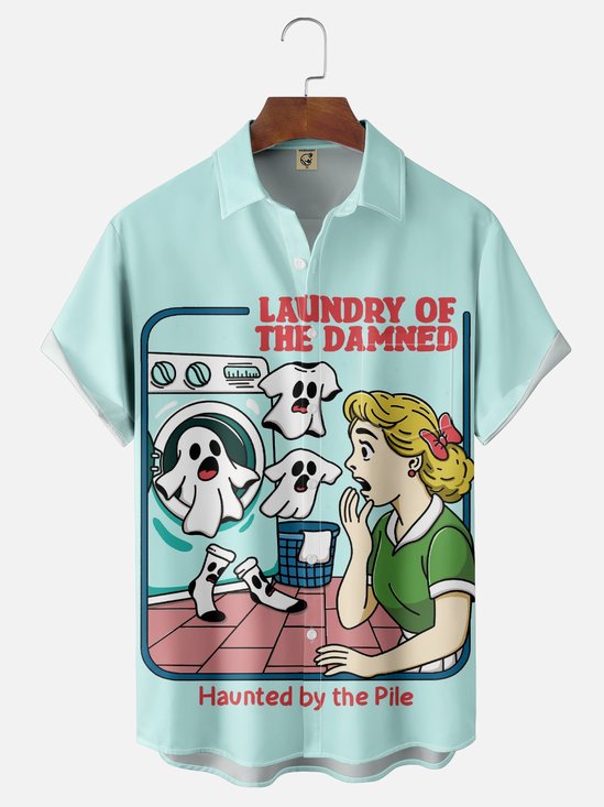 Hardaddy X Kimprut Imut Moisture-wicking Laundry Room Ghost Chest Pocket Hawaiian Shirt