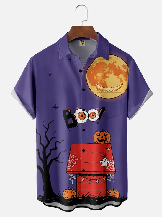Moisture Wicking Halloween Hut Chest Pocket Hawaiian Shirt