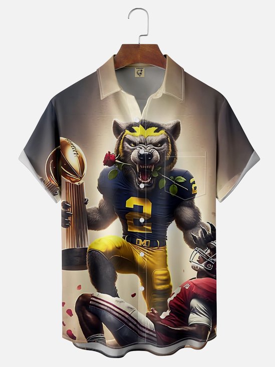 Moisture-wicking American Football Michigan Art Wolverine Chest Pocket Casual Shirt