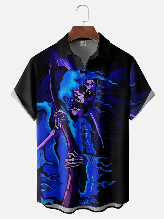 Moisture Wicking Day of the Dead Skull Grim Reaper Chest Pocket Hawaiian Shirt