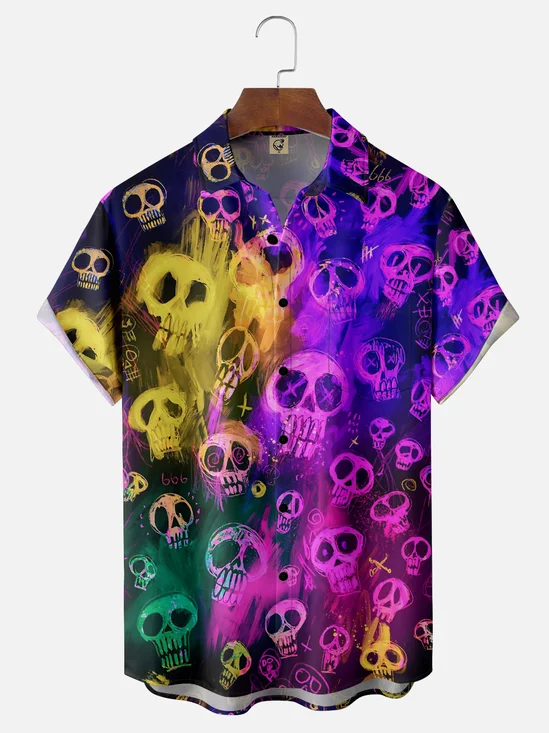 Moisture Wicking Day of the Dead Skull Chest Pocket Hawaiian Shirt