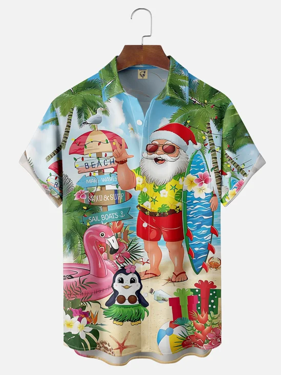 Moisture Wicking Merry Christmas Beach Vacation Old Man Chest Pocket Hawaiian Shirt