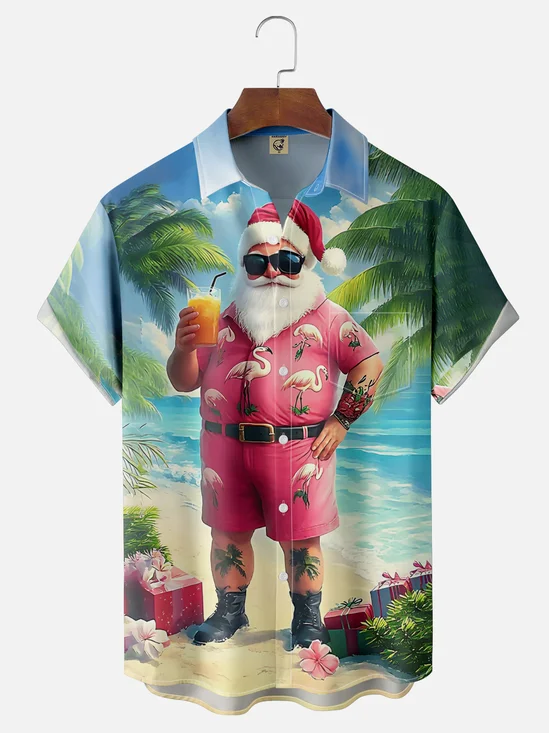 Moisture Wicking Merry Christmas Beach Vacation Old Man Chest Pocket Hawaiian Shirt