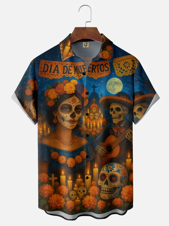 Moisture-wicking Day Of The Dead Skeleton Music Chest Pocket Casual Shirt