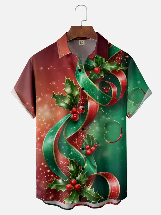 Moisture-wicking Christmas Holly Berries Chest Pocket Casual Shirt
