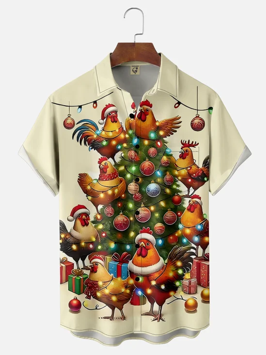 Moisture Wicking Christmas Chicken Pocket Hawaiian Shirt