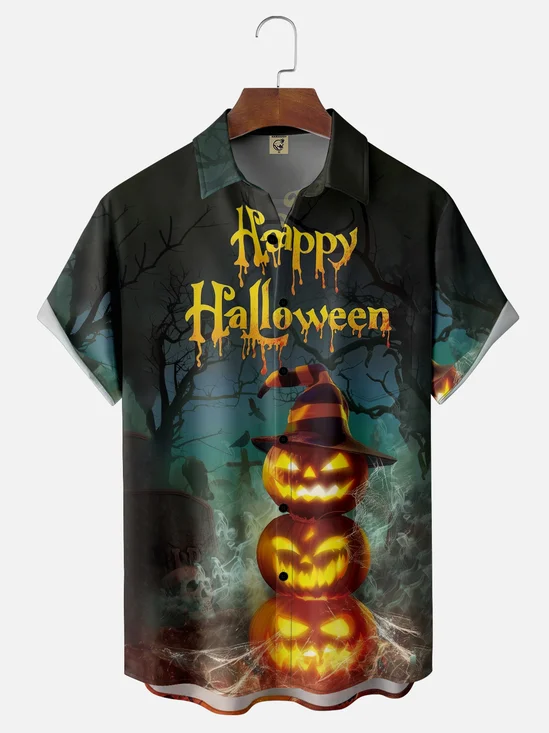 Moisture-wicking Halloween Pumpkin Chest Pocket Casual Shirt