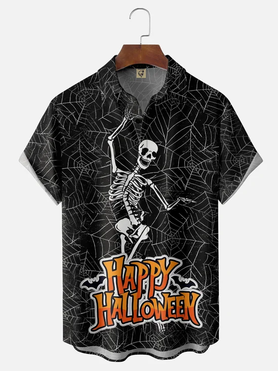 Moisture Wicking Halloween Skull Chest Pocket Hawaiian Shirt