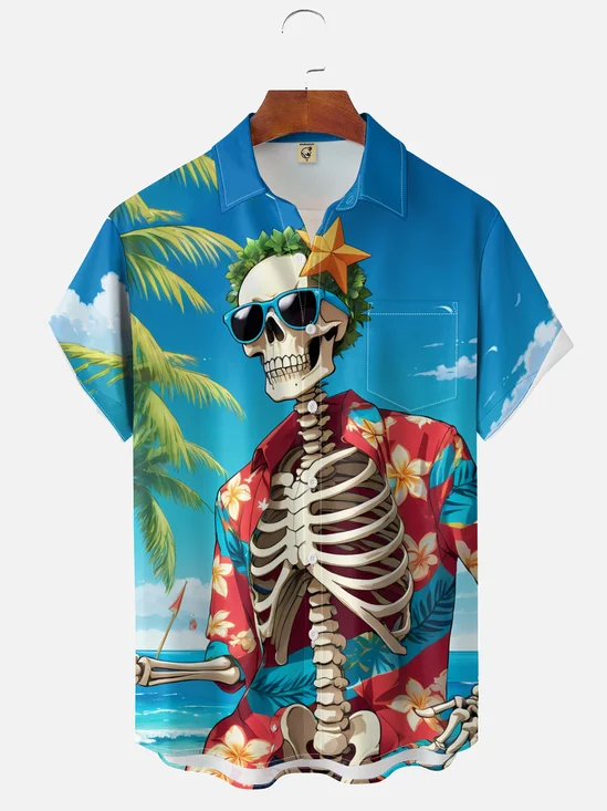 Moisture-wicking Palm Tree Skull Chest Pocket Hawaiian Shirt