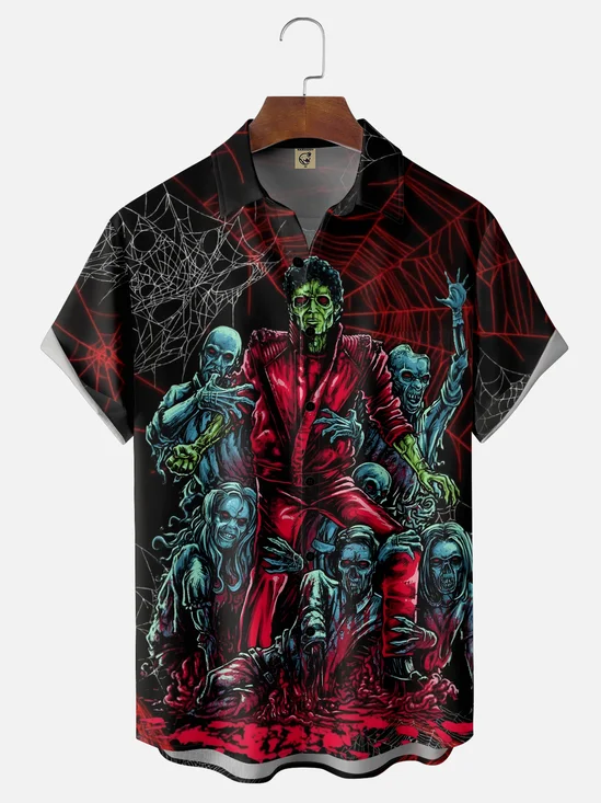 Moisture-wicking Halloween Zombie Spider Web Chest Pocket Casual Shirt