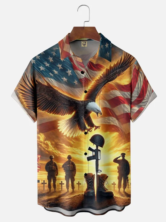 Moisture-wicking Veterans Day American Flag Eagle Chest Pocket Casual Shirt