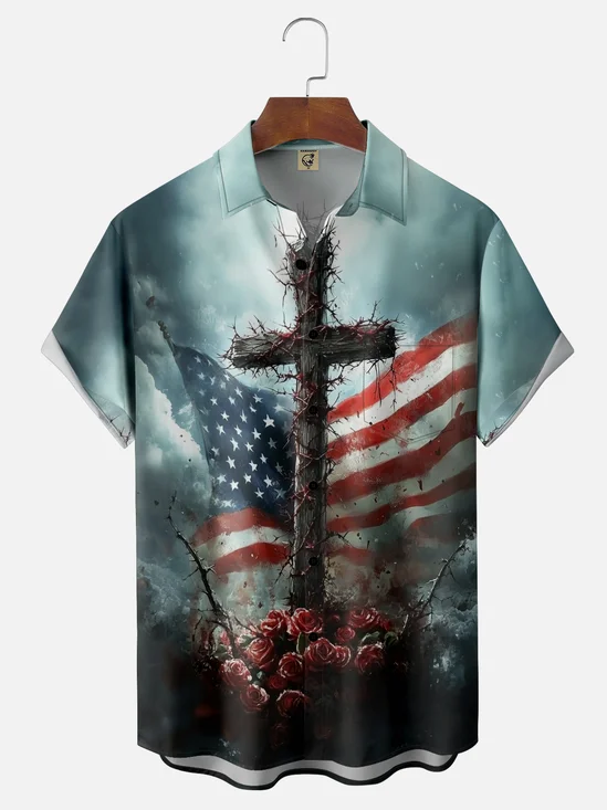 Moisture-wicking Veterans Day American Flag Cross Chest Pocket Casual Shirt