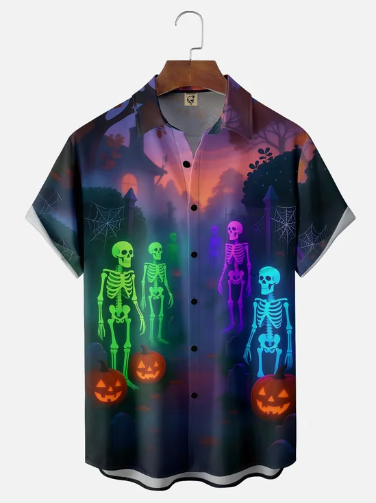 Moisture Wicking Halloween Skull Pumpkin Chest Pocket Hawaiian Shirt