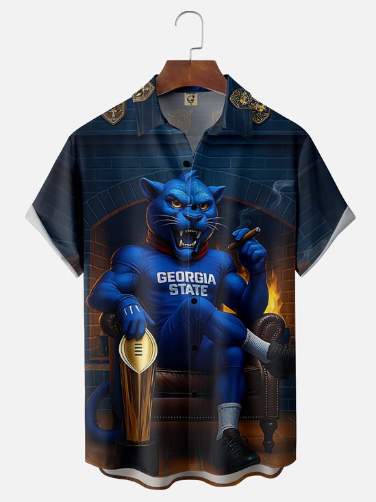 Moisture-wicking American Football Georgia Art Black Panthers Chest Pocket Casual Shirt