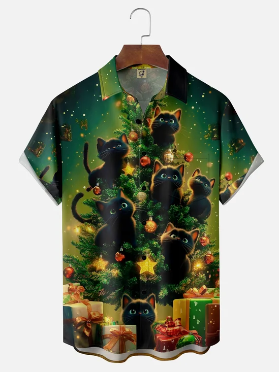 Moisture-wicking Christmas Tree Cat Chest Pocket Casual Shirt