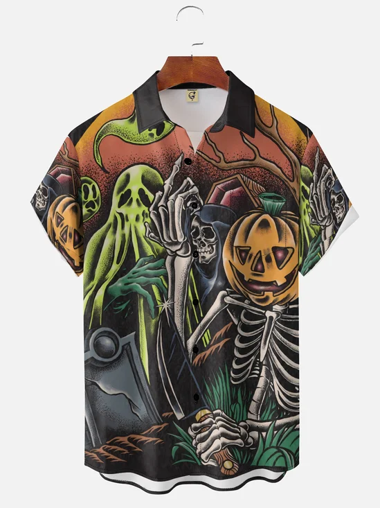 Moisture-wicking Halloween Pumpkin Ghost Chest Pocket Casual Shirt