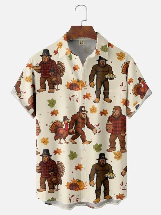 Moisture-wicking Thanksgiving Turkey Bigfoot Chest Pocket Casual Shirt