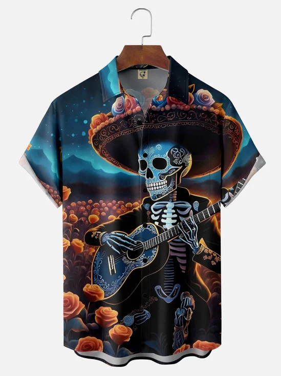 Moisture-wicking Day Of The Dead Skeleton Music Chest Pocket Casual Shirt