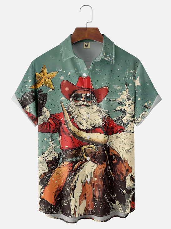 Moisture Wicking Merry Christmas Santa Claus Riding Bull Chest Pocket Hawaiian Shirt