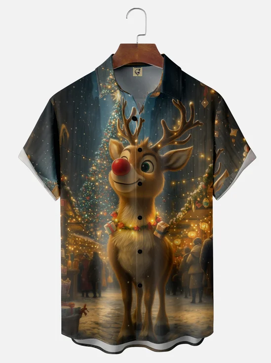 Moisture-wicking Christmas Elk Chest Pocket Casual Shirt