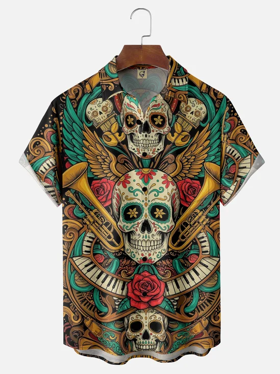 Moisture-wicking Day Of The Dead Skeleton Music Chest Pocket Casual Shirt