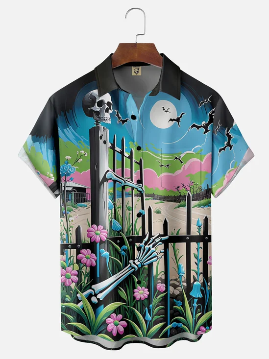 Moisture Wicking Day of the Dead Skull Floral Chest Pocket Hawaiian Shirt