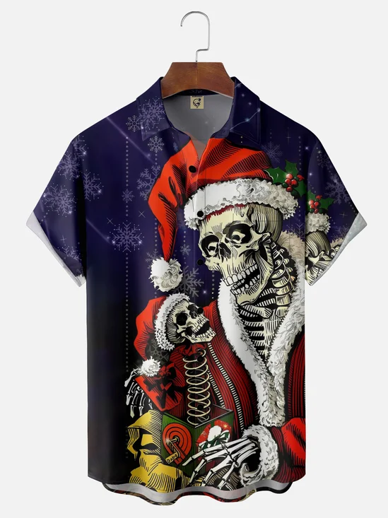 Moisture-wicking Christmas Santa Claus Skull Chest Pocket Casual Shirt