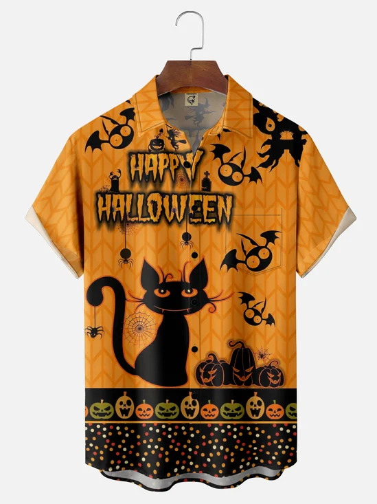 Moisture-wicking Halloween Cat Pumpkin Chest Pocket Casual Shirt