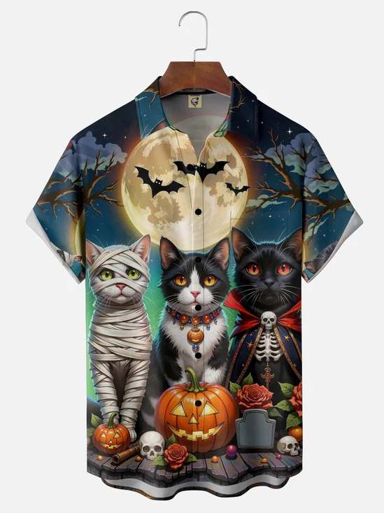 Moisture-wicking Halloween Cat Pumpkin Skull Chest Pocket Casual Shirt