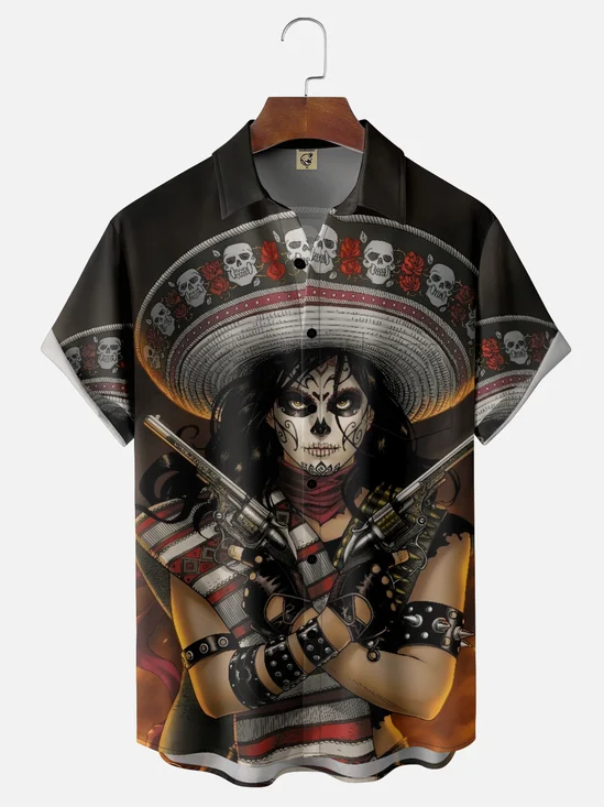 Moisture-wicking Day Of The Dead Skeleton Chest Pocket Casual Shirt
