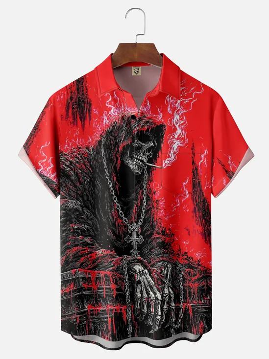 Moisture Wicking Day of the Dead Skull Chest Pocket Hawaiian Shirt