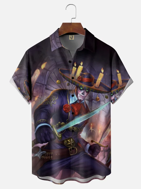 Moisture-wicking Day Of The Dead Skeleton Chest Pocket Casual Shirt