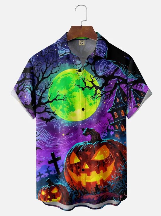Tall Size Moisture-wicking Halloween Pumpkin Graveyard Fun Chest Pocket Casual Shirt