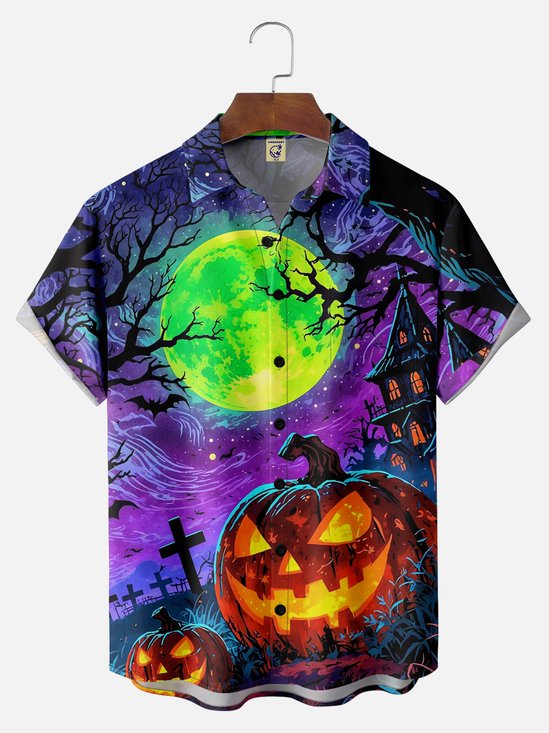 Big Size Moisture-wicking Halloween Pumpkin Graveyard Fun Chest Pocket Casual Shirt