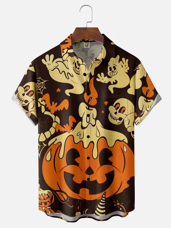Moisture-wicking Halloween Pumpkin Ghost Chest Pocket Casual Shirt