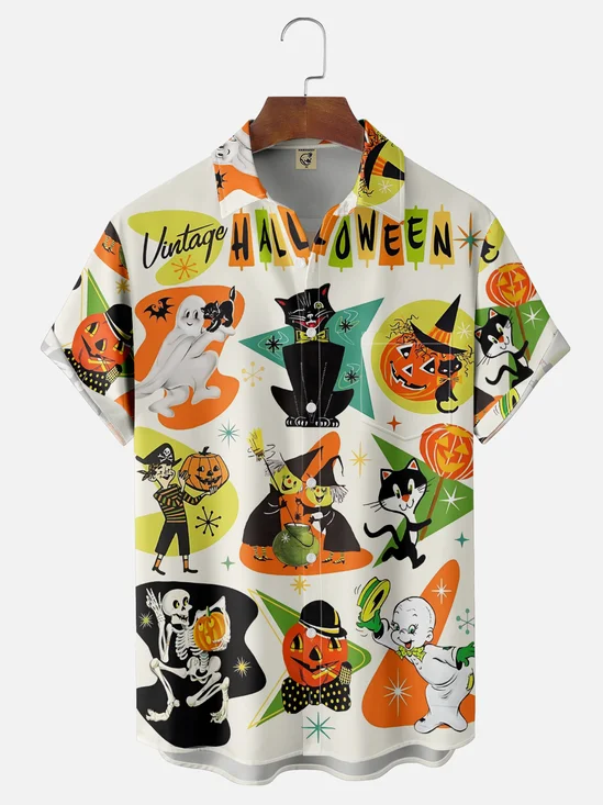 Moisture-wicking Vintage Halloween Cat Chest Pocket Casual Shirt