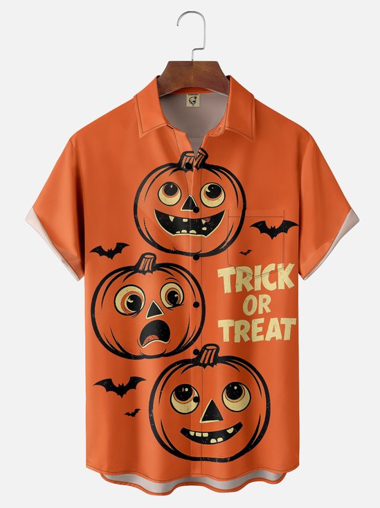 Moisture-Wicking Halloween Pumpkin Poster Chest Pocket Hawaiian Shirt