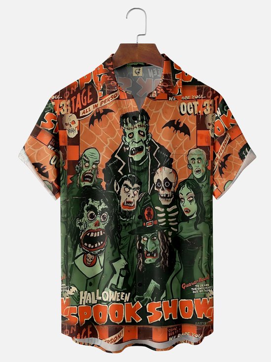Moisture-Wicking Halloween Monster Chowder Spider Web Chest Pocket Hawaiian Shirt